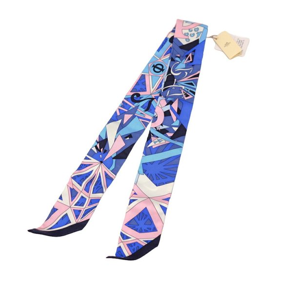 HERMES Twilly LE NOMBRE D OR Golden Number Scarf 100% Silk Blue - Picture 2 of 6